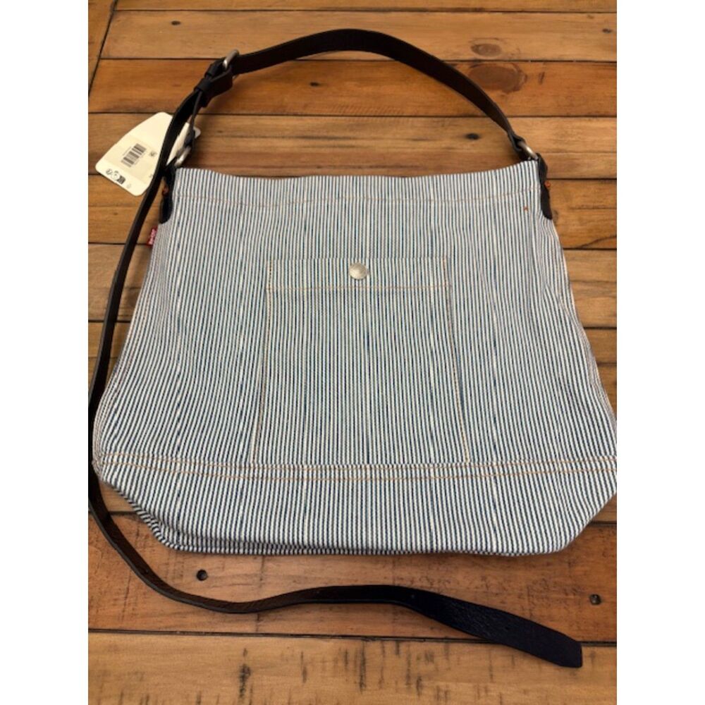 Levi's Heritage Bucket Tote Bag Blue Pin Striped Black Leather Strap 59.50 NWT